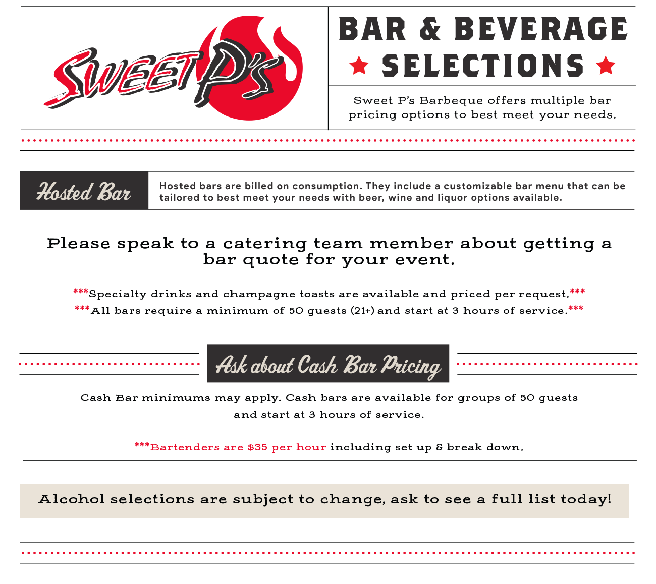 Sweet P's Catering Bar Menu